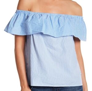 Lucky Brand Off the Should Striped Blue & White Top Small